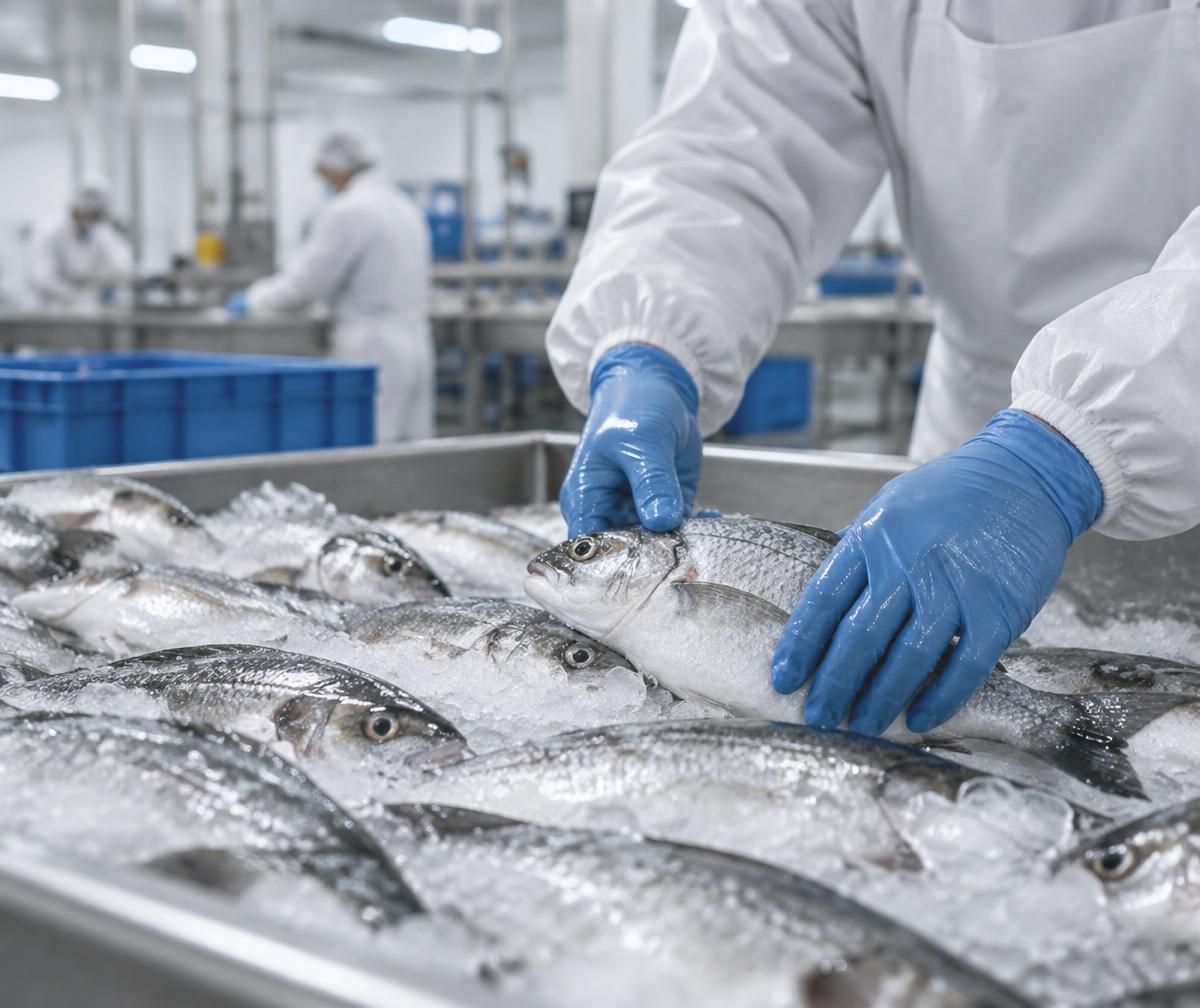 Seafood carefully handled on ice in a hygienic processing environment